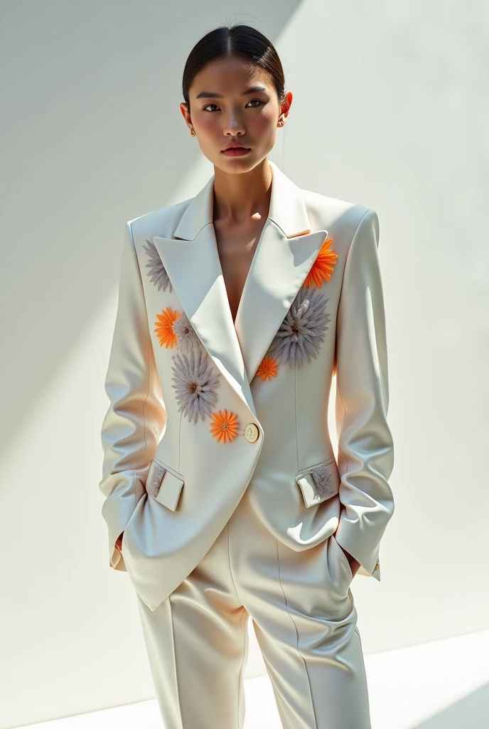 White satin oversized blazer with orange and grey prints