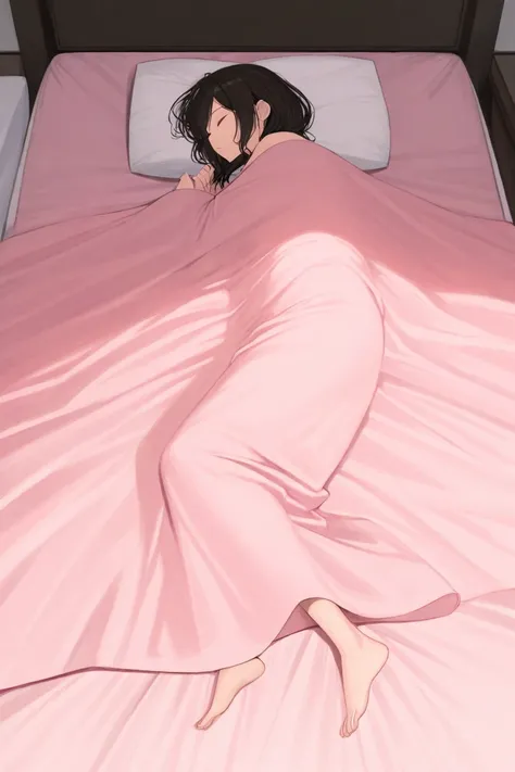 20 year old, woman, sleeping, pink bed, several pink sheets on top of her, she sleeps very excessively, full body, anime.