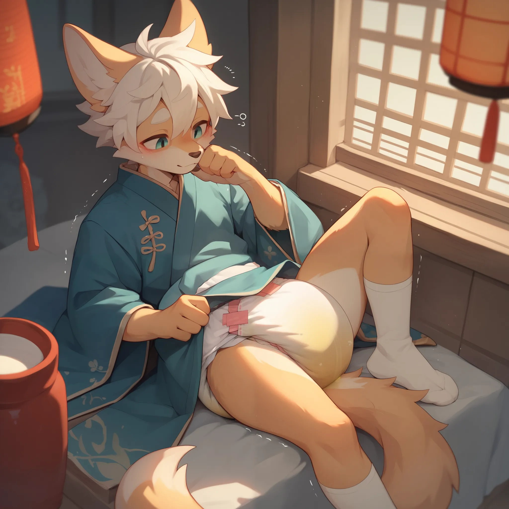 furry， A cute fox boy， slim figure ， White hair，（ Wearing cute diapers），Chinese robe，  white socks ，Diaper wet diaper ， Urine soaking thighs， HD， is shaking