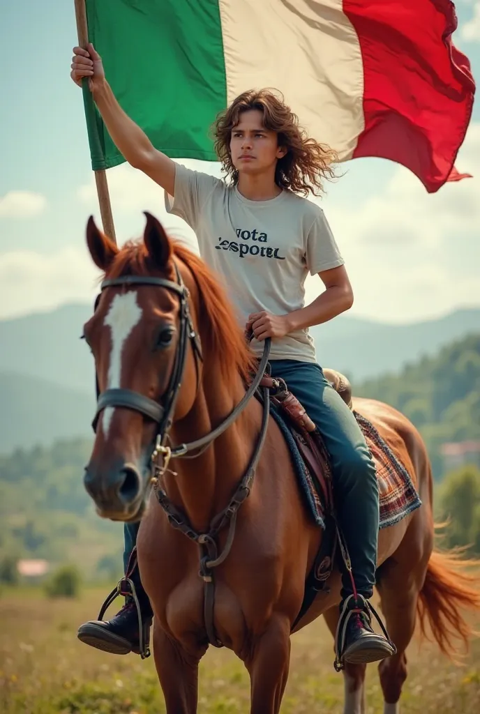 create a 20-year-old boy with a t-shirt with the words Vota Esposito written on it, 
On horseback with brown hair and with the Italian flag in his hand 