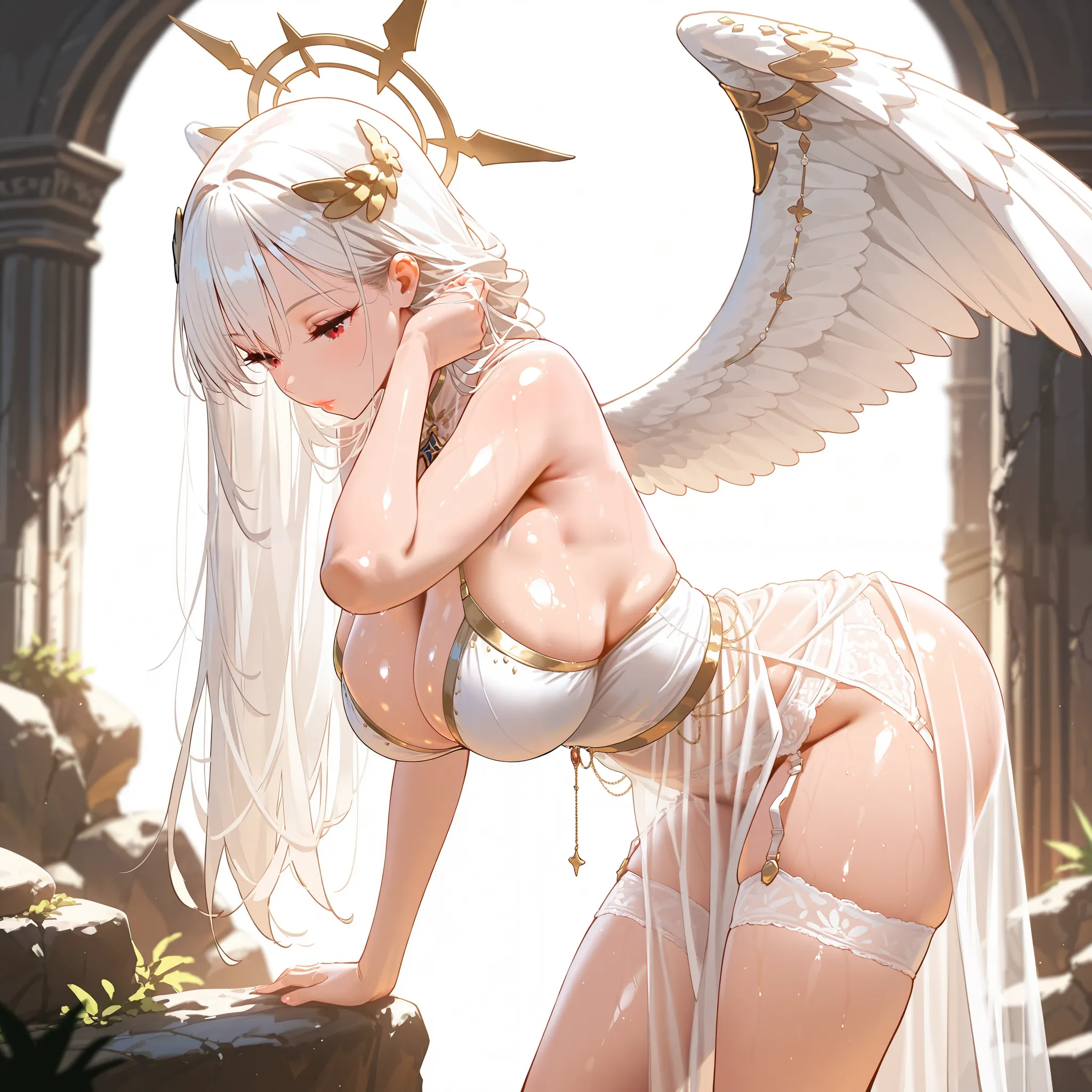 1girl ,shiny skin,seductive face,expressionless,,looking down,,,eyelashes,lips gloss,red eyes,white hair,long hair ,large breasts,beautifully shaped breasts,goddess costume,see-through dress,standing,contrapposto,bent over,hand in own hair,,,wings head orn...