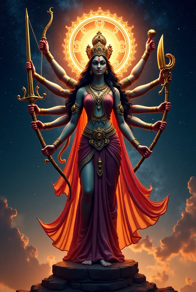 Realistic Image of Goddess Durga Mata standing alone in the universe galaxies with her all hands with all weapons Chakra (discus), Shankha (conch shell), Trishula (trident), Gada (mace), Bow and Arrow, Khanda (sword) in the black sky with brighting face