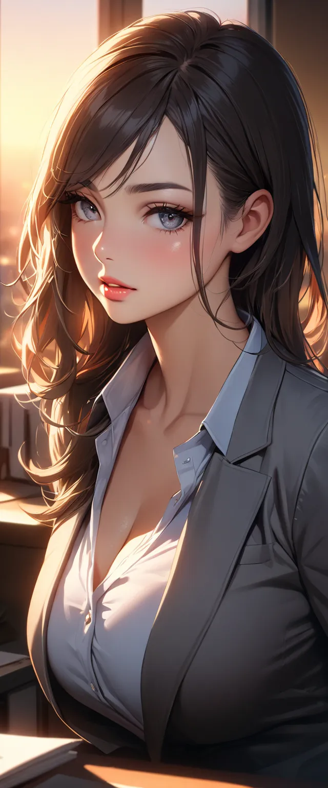 1girl, long eyelashes, detailed beautiful eyes, perfect eyeliner, beautiful glossy lips, round face, soft facial contours, radiant skin glow, realistic skin pores, beautiful breasts, wearing a gray business suit, u-neck shirt, cinematic lighting, warm suns...