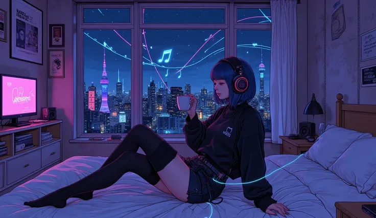 Surrealism, Artwork, 8K quality. Anime-style lofi art of a dreamy young female with short dark blue hair and deep blue eyes, sitting on her bed at night with oversized black headphones, lost in the rhythm of lo-fi music. She wears an oversized black sweate...