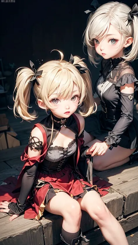 (best quality、masterpiece、very well detailed、one girl、cute face、 silky short blonde 、(((Short hair in twin tails、Short Bob Twin Tail)))、gray eyes、From the knee up、gothic fashion、very well detailed目、Small red cheeks and nose、cute face、