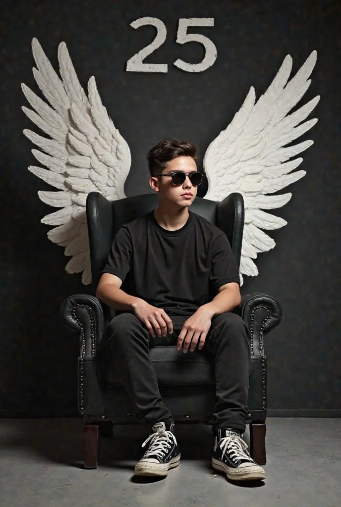 Create a 3D illusion for a picture where a boy 25 years in a black shirt sits casually on a Wingback Chair. Wearing sneakers,, and sunglasses, he looks ahead. The background features "" in big and capital white fonts on the black wall. There should not be ...