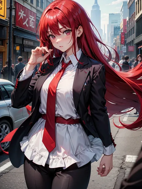 Woman in a suit 、 red hair 、 long hair 、black jacket、white shirt、red necktie、early evening、 、red blush、Kamimei