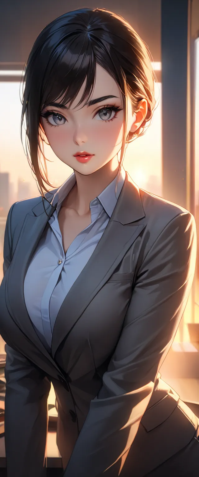 1girl, Well-groomed eyebrows, long eyelashes, detailed beautiful eyes, perfect eyeliner, beautiful glossy lips, round face, soft facial contours, radiant skin glow, realistic skin pores, beautiful breasts, wearing a gray business suit, u-neck shirt, cinema...