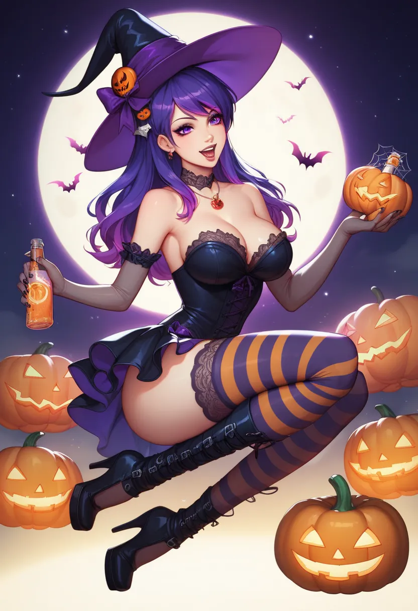 01 anime-style woman in Halloween-themed clothing:
She has delicate and expressive features, typical of the anime style. Her eyes are large and bright, with a vibrant color, such as an emerald green or deep purple, which contrasts with the dark theme of Ha...