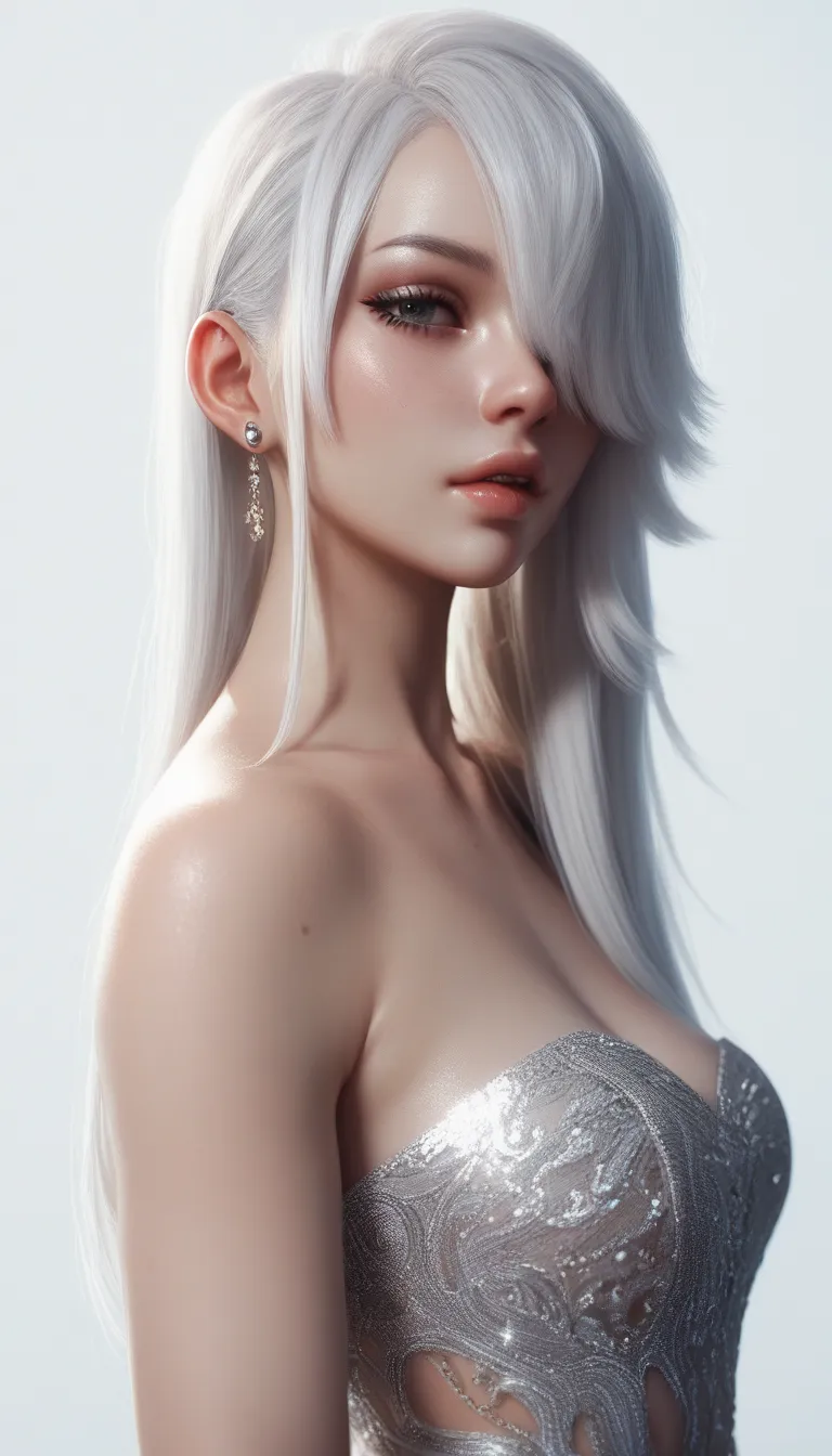 score_9, score_8_up, score_7_up, score_6_up, 1girl, white hair, hair over one eye, side locks, strapless dress, earrings, glossy lips