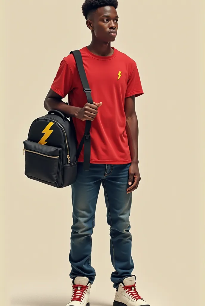 ULTRA REALISTIC young afro american  man with short black  buz cut hair and , wearing a red short sleeves shirt. He is dressed in a dark blue jeans, and sturdy white sneakers with red laces, complemented by a black cool school bag with a yellow thunderbolt...