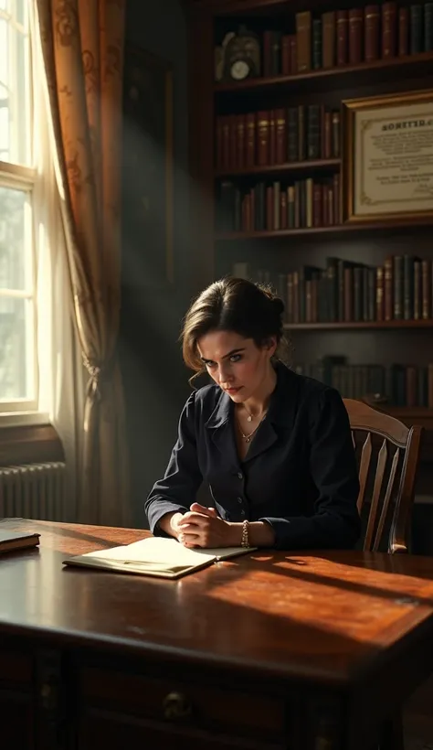 *A hyper-realistic and cinematic Victorian study, filled with grand bookshelves and a large wooden writing desk. But instead of being used, the desk is empty, the inkwell removed, the quill pen missing. On the chair, Charlotte Perkins Gilman sits with her ...