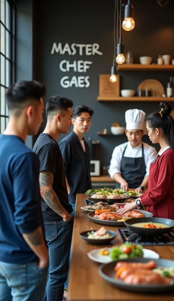 "real photo realistic profession 3 men and one young Korean woman aged 22 years standing in the kitchen landscape"master CHEF". there is writing on the wall with details "MASTER CHEF GAES" writing with details and accurate, precise, with white block letter...