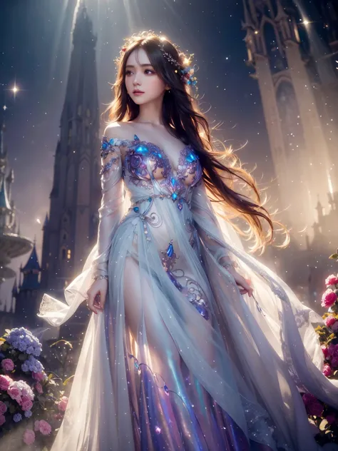 A beautiful woman standing in a fantastical, dreamlike background, surrounded by glowing ethereal lights, vibrant colors, and surreal landscapes. She has flowing hair and wears an elegant, mystical dress. The scene is filled with magical elements like floa...