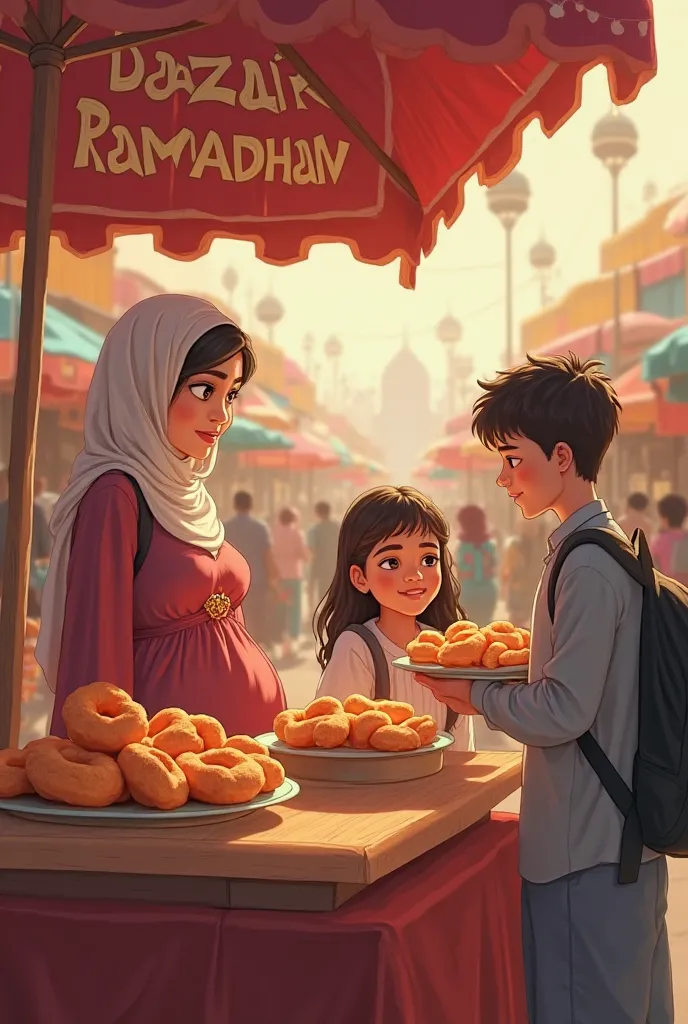 Pregnant woman with her son and her daughter selling doughnut at bazaar with bazaar ramadhan sign