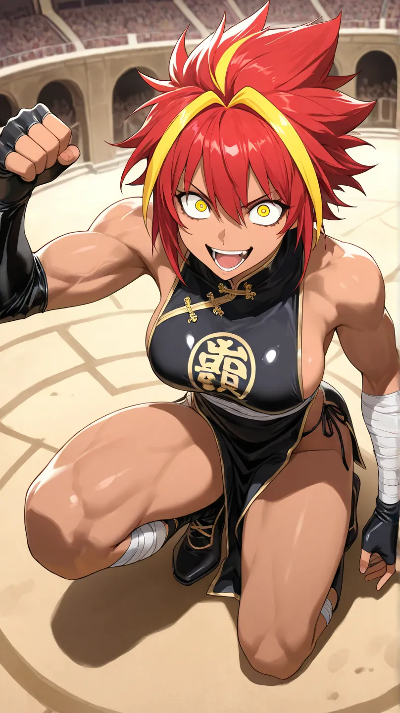  , Grappler
High quality ,  best quality , masterpiece,  High Resolution , anatomically correct,anime Coloring
1girl,solo,Cool woman, handsome woman, beauty in men's clothing
, yellow hair, red hair, streaked hair,spiked hair,,yellow eyes, dark skin, dark-...