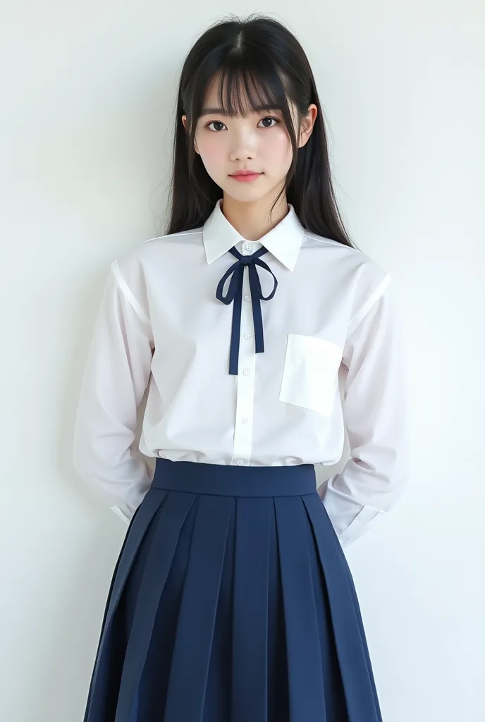 ((Realistic photography))、((full body))、((japanese girl school uniform)),(white shirt), (blue Pleated Skirt)　 cute　1 person　photograph　 real 　Actual item　Slightly pimpled face before menstruation　photograph　Advertising materials
Slightly pimpled face　Glowi...