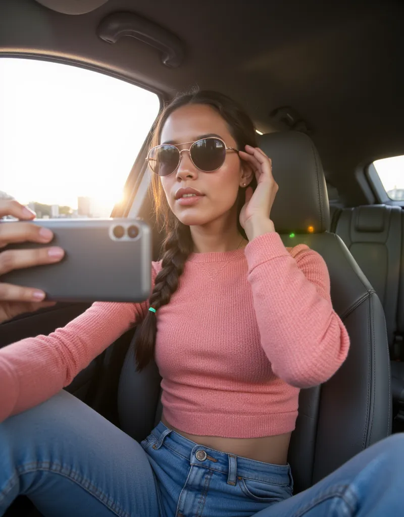 Close-up selfie of Eden, a 23-year-old influencer from Hamburg, taking a mirror selfie inside her car before heading to the beach. She wears oversized sunglasses, a pastel-red colored knitted sweater, and fitted blue jeans. Her phone partially covers her f...