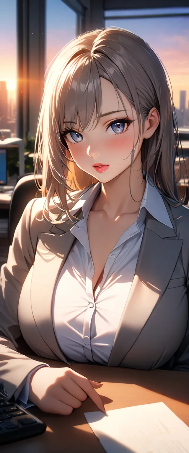 1girl, cute anime girl, long eyelashes, detailed beautiful eyes, perfect eyeliner, beautiful glossy lips, round face, soft facial contours, radiant skin glow, realistic skin pores, beautiful breasts, wearing a gray business suit, u-neck shirt, cinematic li...