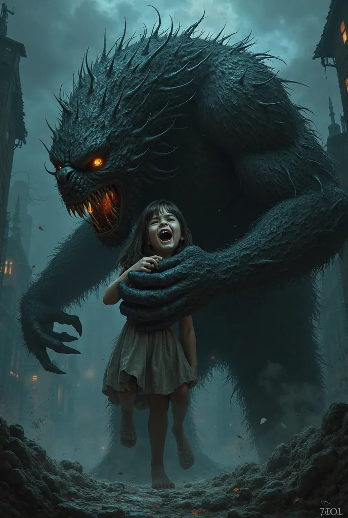 The monster hugs a young girl at night and wants to eat her