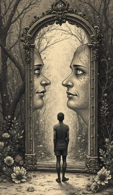 "Vintage style illustration, inspired by 19th century engravings, with sepia tones and black and white.  in the center,  a human figure is standing , looking at a large antique mirror,  with an expression of contemplation . The mirror reflects the figure i...