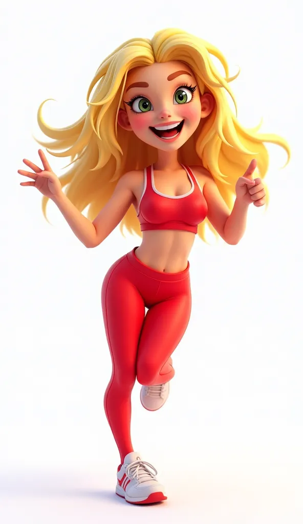 A lovely and energetic blonde mascot with shiny, loose hair, wearing red leggings and a sports bra, showing a cheerful expression, in a dynamic pose, with a captivating smile, set against a white background."