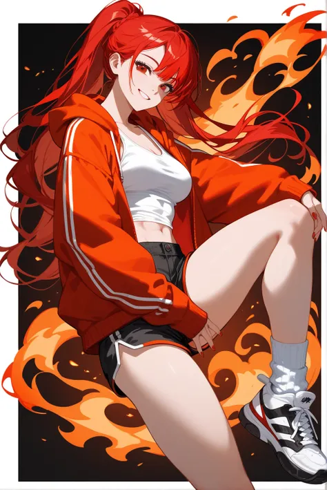 one girl, Asian, tall girl, light skin, long red hair, dark red eyes, medium breasts, orange&red hoodie, white tank-top, dark red shorts, white socks, black&white trainers, fit body, six-pack, smile, dynamic pose, fire background, fire around body