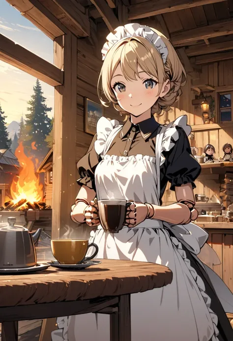  more detailed illustrations , One person, cute,  small tits,  Gold, maid clothes,  ,  doll joints, Brewing coffee, Morning Coffee, ENERGETIC,  best smile, log house,  balcony, grace,  table, Bonfire, outside, 