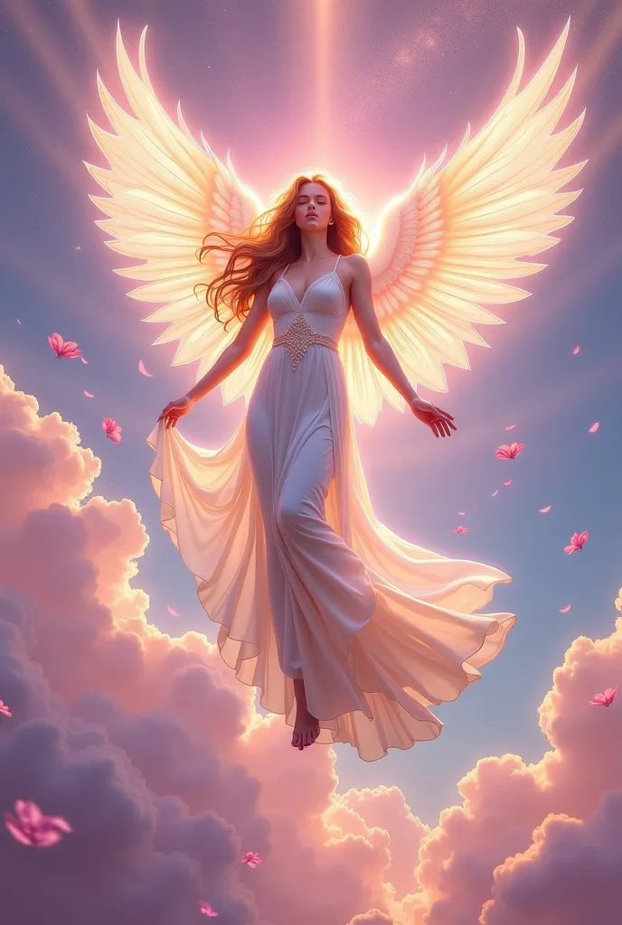 ((best quality)）Draw a picture of a beautiful angel flying down from the sky in the pink style of Alphonse Mucha
