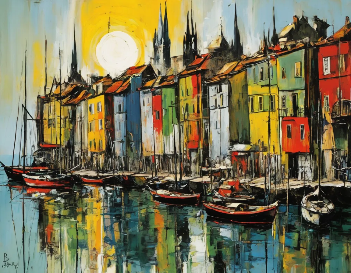 painting of a city with boats and sun, Bernard Buffet-inspired, inspired by Raoul Duffy, John Marin , By Slobodan Pejić, inspired by Jean Duffy, by Pal Barkay,  inspired by Vincent Di Feite, by Zoran Music , inspired by Max Beckman