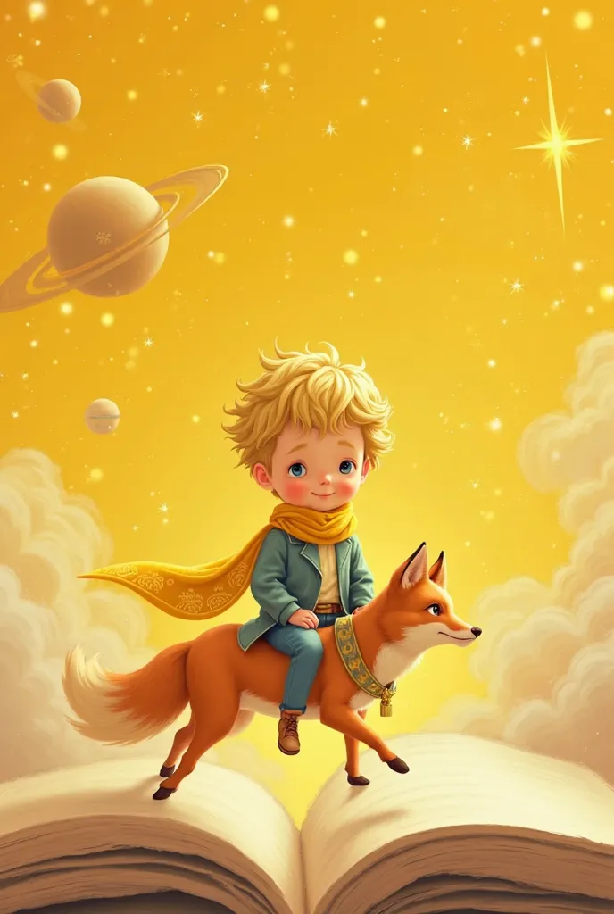 The little prince in a golden scarf flying sitting on a book with a fox against a yellow background with stars and planets 