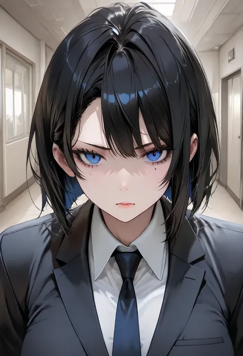 1girl, Black haired, blue left eye, red right eye, side swept bangs, black suit, voluptuous body, no expression, stare, masterpiece, alone, apartment background. 