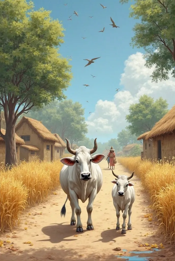 A hornless white cow with large, gentle eyes and a smooth, clean coat walks on a dusty village road. She has a calm expression, and her long tail sways as she moves gracefully. Beside her, a small white calf with short, fluffy fur, thin legs, and bright, i...