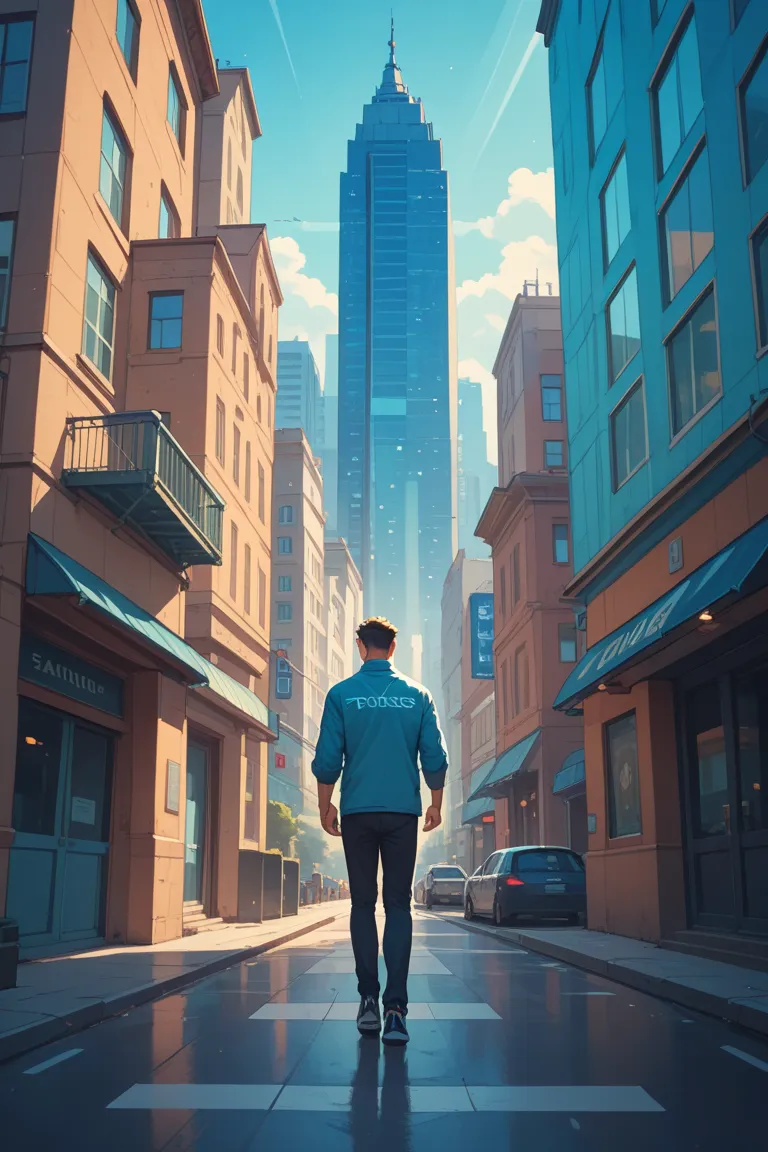 Mid-angle image, Young man with powers, walking backwards,  blue rays , Entering a city,  buildings , Gray and blue colors 