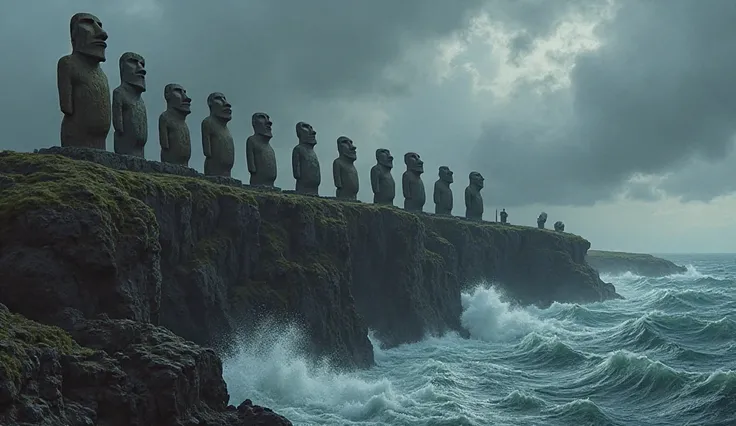 Imagine a foreboding scene where a circle of moai stands on a cliff overlooking a turbulent sea, each statue facing inward as if engaged in a silent council. The ocean below churns violently against the rocks, and dark waves crash upward, creating a sense ...