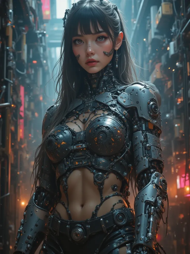 “(16:9) A stunningly beautiful female android in an ultra-detailed, hyper-realistic cyberpunk scene. Her upper torso, from the ribs upward, is exquisitely human—smooth, flawless skin, captivating eyes, and delicate, lifelike features—while the rest of her ...