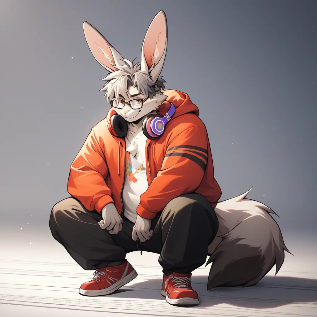 deTail background, 4K,  masterpiece,     an anthropomorphic rabbit    ,   droopy ears ,  furry   male,  {{{{{{One boy,  male性,  alone,   furry  ,      animal ears , thick、Fat、male,  colorful contemporary style hoodie, Front   , big , Tail, full body,     h...