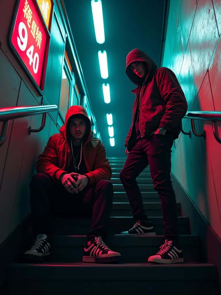 2 gangsters, 1 sitting and 1 standing with dynamic poses on a subway station staircase with outdoor lighting and a train passing by on the left side. Strong edgy colorful cinematic lighting, manga anime style, mid shot, low angle, rule of third. 3:4 ratio