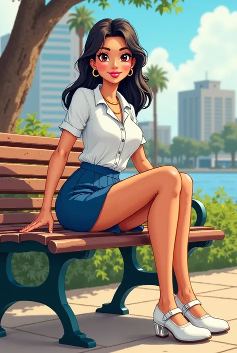 Tip: A very lovely Asian American being happy alone on a park bench in Downtown San Diego in the sun… The illustration is a high definition illustration with 4k resolution., with highly detailed facial features and cartoon style visuals, white shirt, blue ...