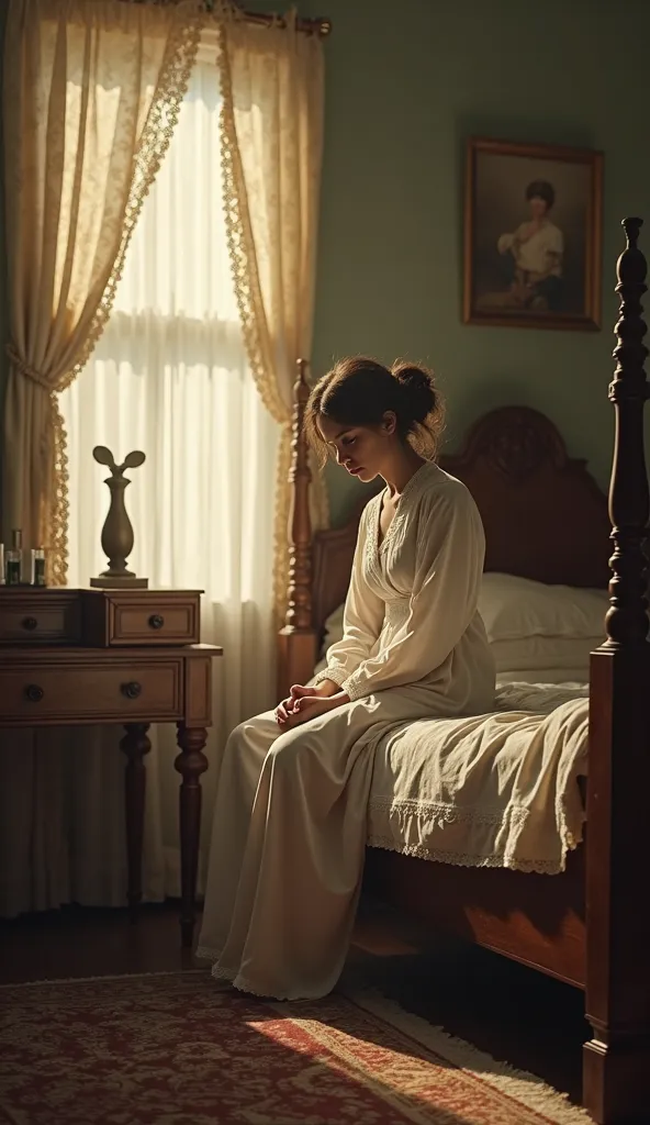 * A hyperrealistic and cinematic Victorian bedroom from the 19th century, softly illuminated by the light of tomorrow filter through the lace curtains. in the center, Charlotte Perkins Gilman is sitting on the edge of an ornate wooden bed,  with a hunched ...