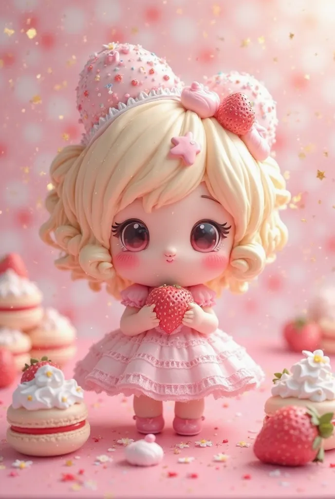 Chibi character style,anime,,cute,Squishy,Cheeks, cake, dress,strawberry, macarons,Whipped Cream, decoration, Fantastic,Full Body Image,hologram, glitter,Soft, kind,4K,High Resolution, ultra-fine in 8K,realistic,Photo,Post Production,high dynamic range,STU...