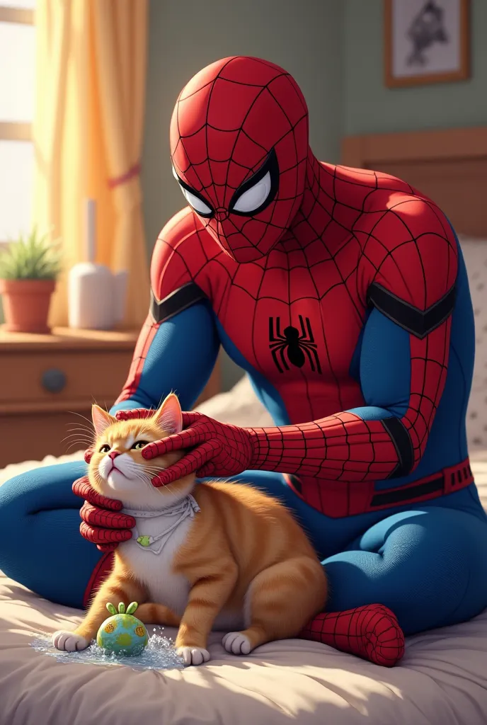 Spider man bandage the cat on head and there are in the room's bed and the waterball are there beside the cat 