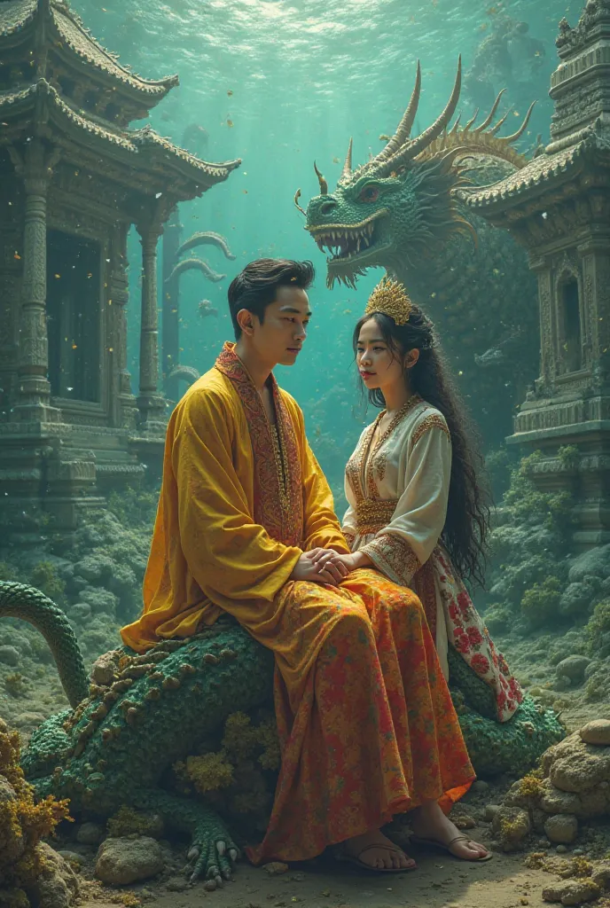 Dragons are walking among the ancient pagodas and pagodas underwater, and the gold, green, and red colors worn by the ancient sitting warlords.
 A 35-year-old young burmese girl, dressed in a bright and colorful dress, black and white, modest and masculine...