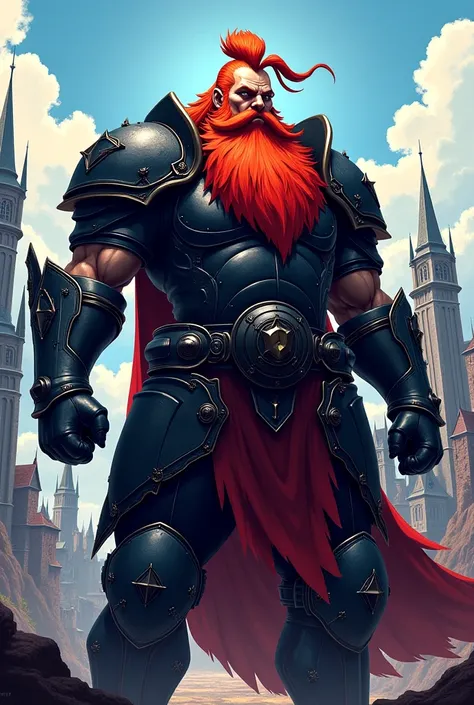 Anime style, dark fantasy knight, fat muscular, red tied hair and beard, medieval city in background