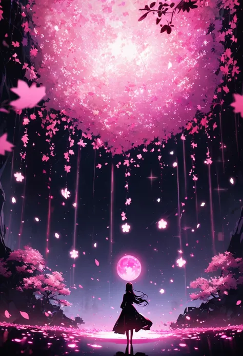 The morning is dark and starry pink, with a pink faint glow on top of it. Add small circle lights floating around. In an animated style, the leaves sparkle like diamonds, creating a mysterious atmosphere. The scene conveys dreamy and tranquility, and harmo...