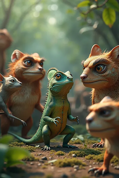 A scene shows a group of animals discovering the chameleon's lie. Everyone looks at her angrily and resentfully, while she retreats in fear, realizing that her matter has been revealed.
