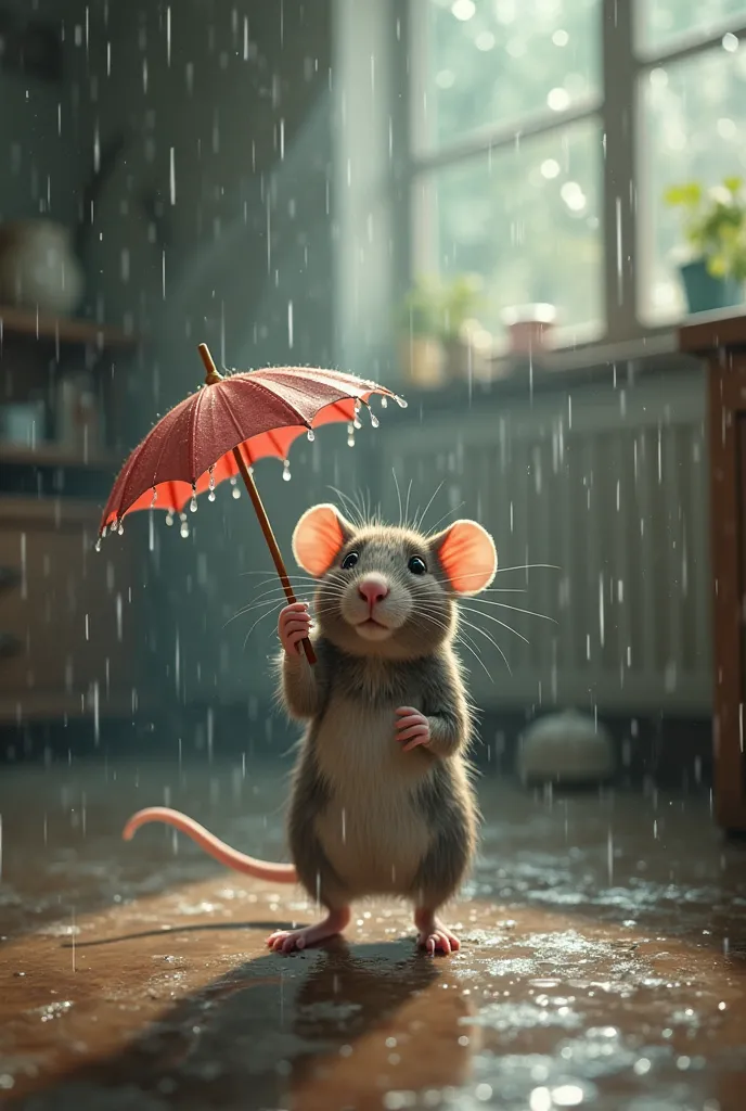  In another, the rat holds a tiny umbrella as it walks through an indoor rain shower coming from a leaking ceiling