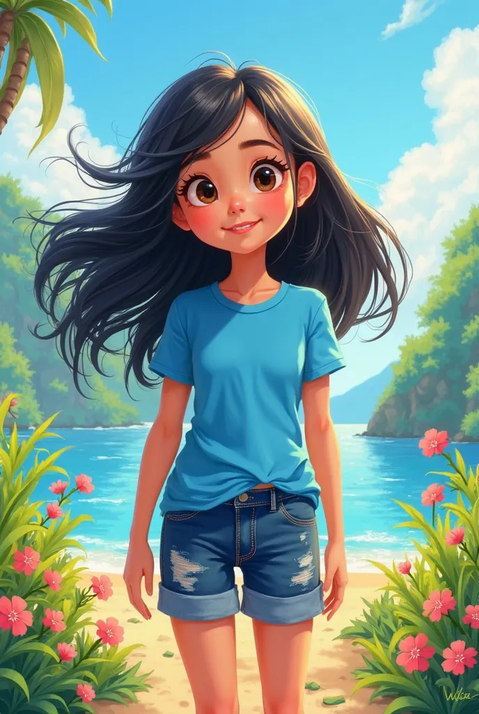 I want to generate a photo of an animated girl with black hair a blue t-shirt,And a shorts by Jinn that she is in the sun with a beautiful landscape 