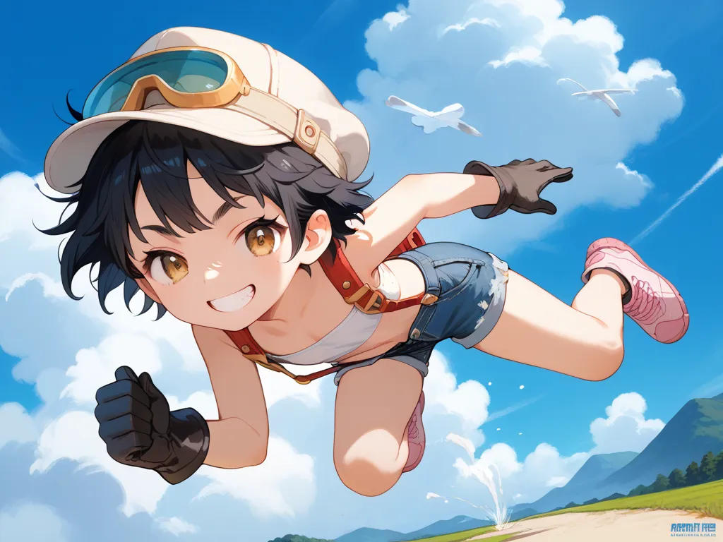 high quality,((megami magazine,anime style)),high resolution,khaki flight hat with goggles,messy hair,cool eyes, tsurime ,very short hair,black hair,gold eyes,bushy eyebrows,evil grin,white tube top,flat chest,brown thimble leather gloves,suspenders,denim ...