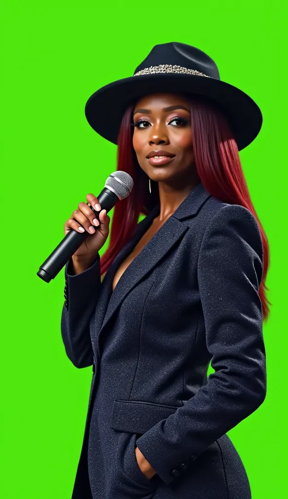 A full-body shot of an African American woman with smooth, dark skin and a straight lace-front wig styled with a middle part in a rich cherry plum shade, standing confidently in the center. She grips a microphone in one handStep into the vibrant energy of ...